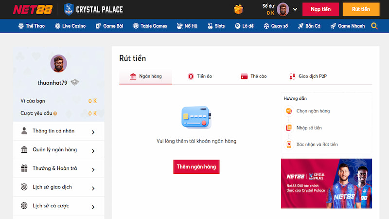 Giao diện rút tiền của Net88, hỗ trợ đa dạng phương thức giao dịch